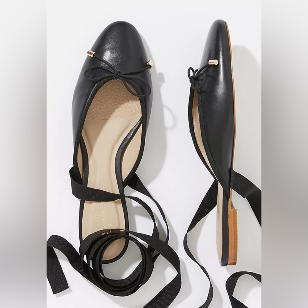 Anthropologie Coppelia Ankle-Tie Ballet Flats in Black Leather
